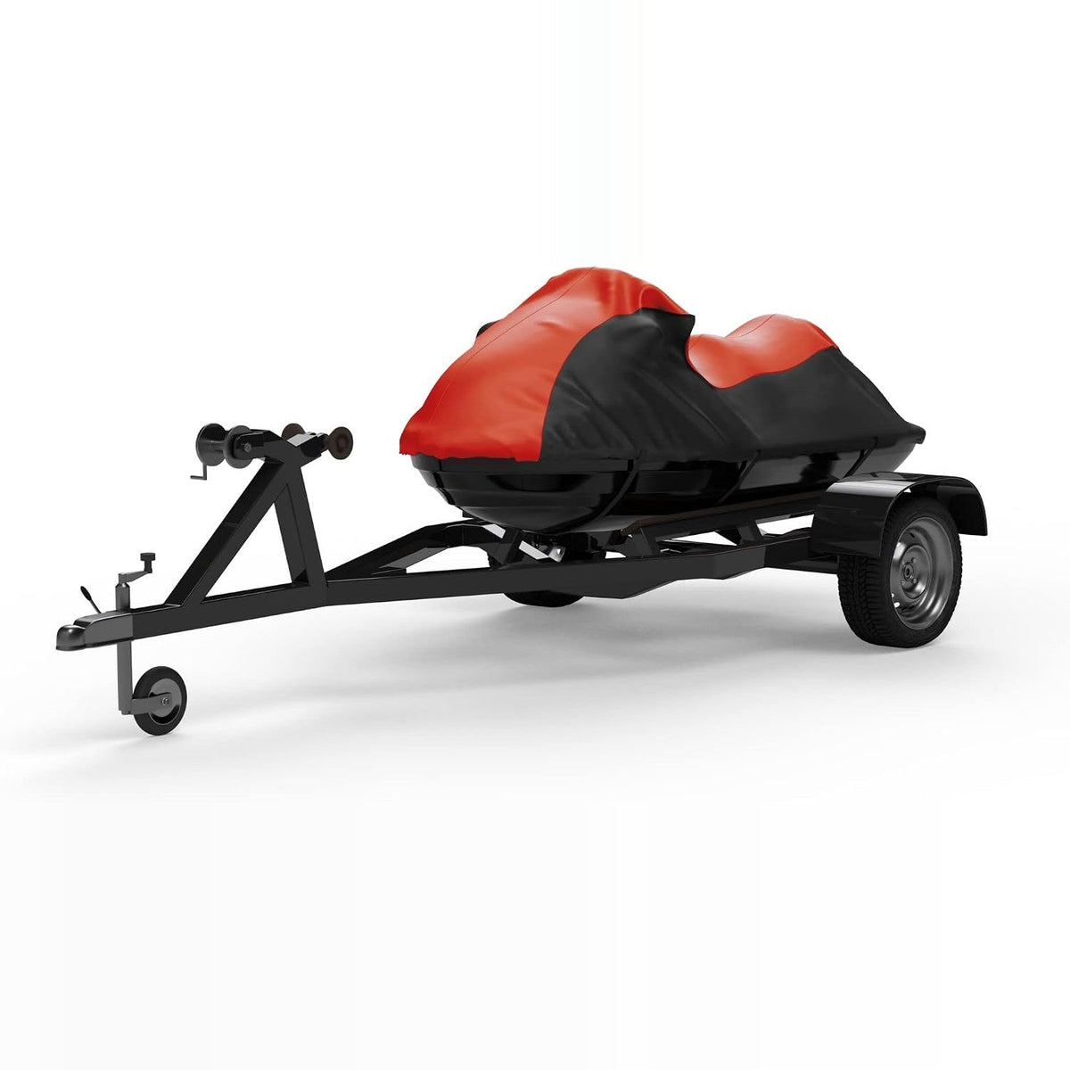 Red and black Weatherproof Shield cover on a jet ski sitting on its trailer