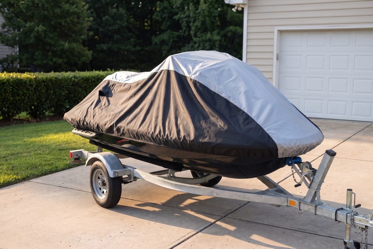 Jet ski under a light gray and black cover on a trailer in a driveway