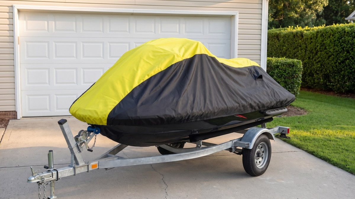 Jet ski under a yellow and black cover on a trailer in a driveway