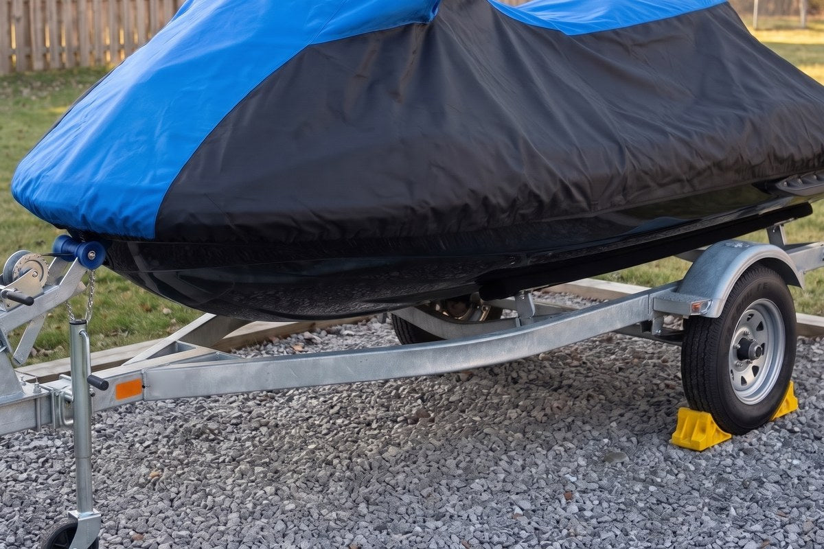 Jet ski under a blue and black cover on its trailer on a gravel pad, with a yellow wheel chock against the tire